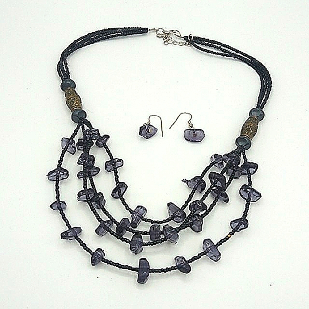 Multistrand Faceted Gem Seed Bead Necklace Dangle Earrings Set